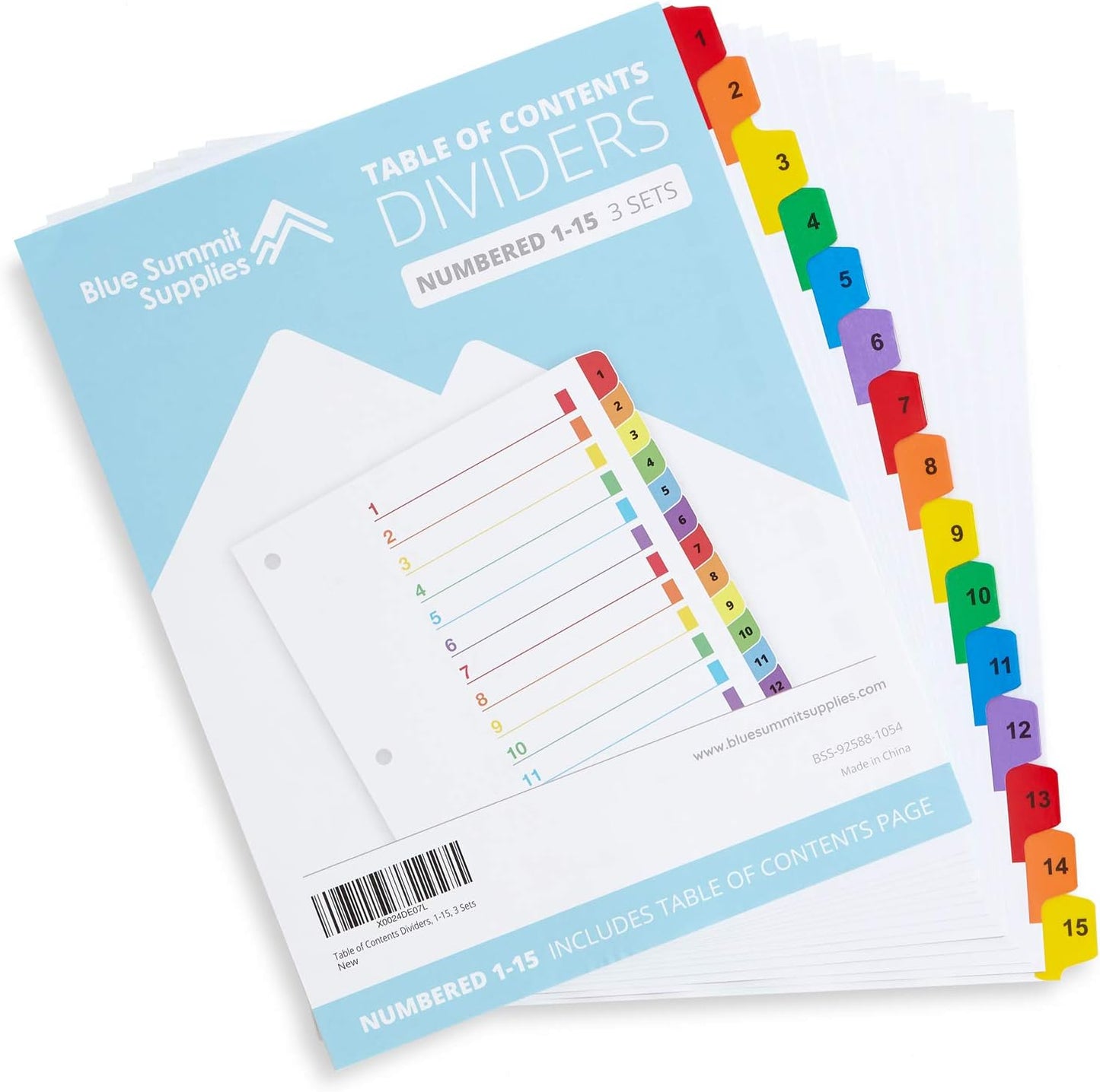 Blue Summit Supplies 15 Tab Binder Dividers for 3 Ring Binder or Notebook, Subject Dividers with Multicolor Numbered Tabs, Includes Customizable Table of Contents Index, 3 Sets