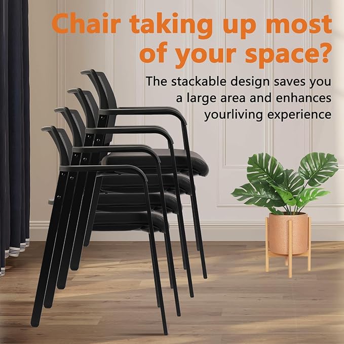 CLATINA Stackable Office Chair, Mesh Back Guest Chairs with Comfortable Leather Seat Arms Stacking Ergonomic Desk Chair No Wheels for Conference Waiting Reception School Stationary, Black, Set of 4