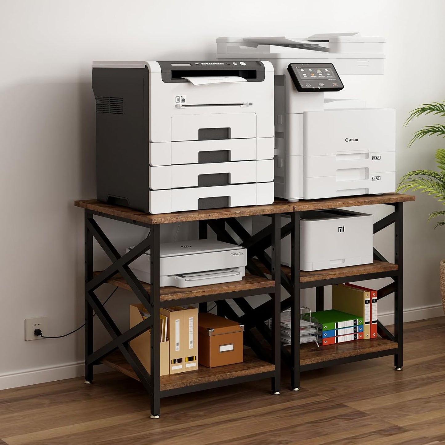 Large Printer Stand with Power Outlet, with Height Adjustable Storage Shelf, 3 Tier Rolling Printer Cart with Industrial Wheels, 23.6 x 23.6 Inches Printer Table for Home Office, Rustic Brown