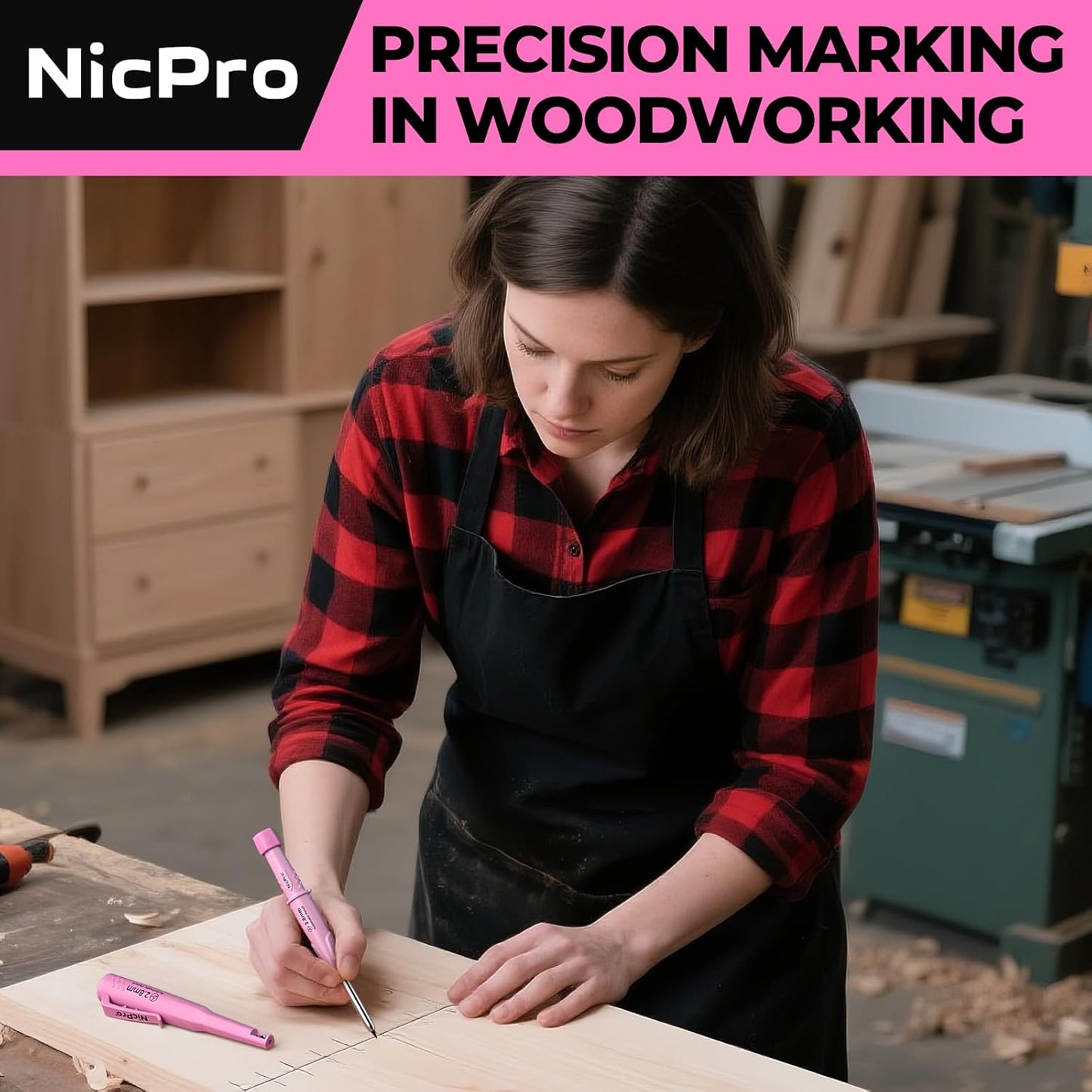 Nicpro CP3000 Carpenter Pencil with Sharpener, Construction Mechanical Pencils with 19 Refills, Heavy Duty Construction Pencil, Pink Woodworking Tools For Women, Great for Marking On Wood, Metal