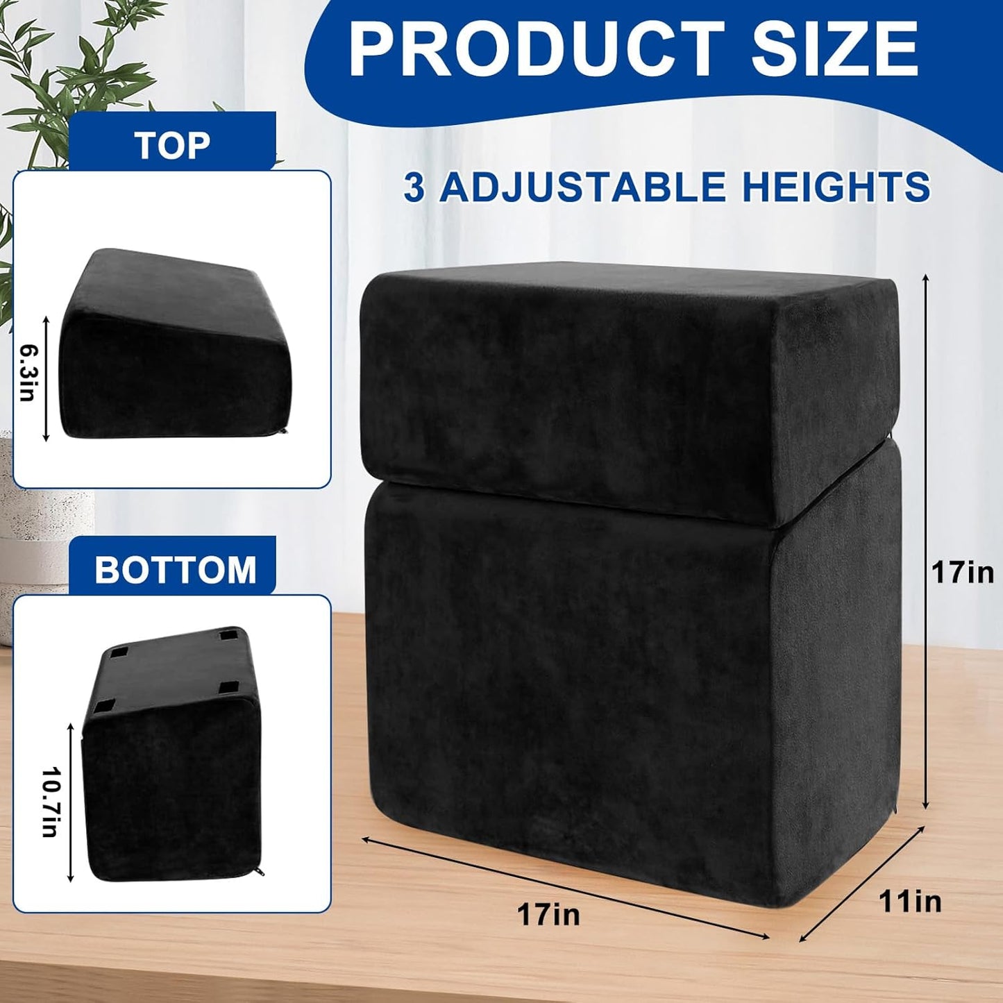 Adjustable Foot Rest for Under Desk at Work - 3 Height Ergonomic Footrest, 17x11 Inch Office Foot Stool, Soft Velvet Cushion, Non-Slip Base for Home & Office - 100% Memory Foam Filling-Black