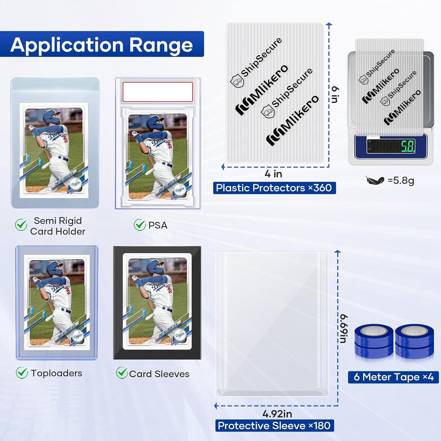 360 Pack Trading Card Shipping Protectors, 4'' x 6'' Plastic Card Protector with Protective Sleeves and Tape Rolls Fit for PSA Graded Cards