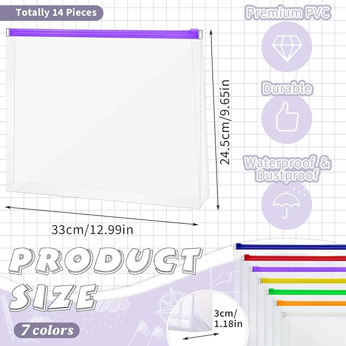 Yexiya 14 Pcs Back to School Clear Plastic Zip Envelope A4 Zipper Document Folder 13 x 9.7In File Folder Expanding Envelope Pouch for Paper Pencil Storage Office Supplies (Bright Colors)