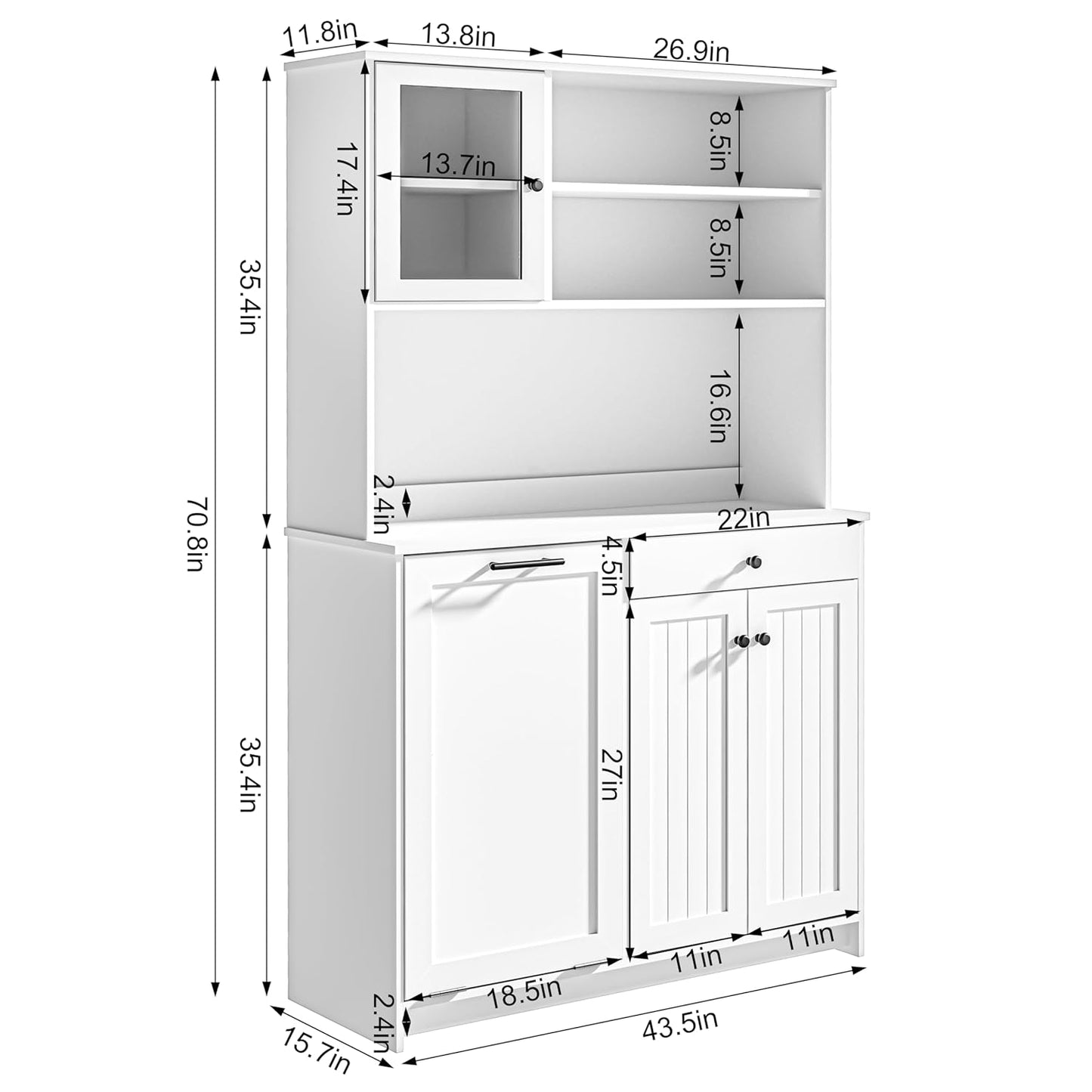 OLD CAPTAIN Tilt Out Trash Cabinet with Deodorising Function, Kitchen Hutch with Microwave Shelf and Drawer, Kitchen Pantry with Trash Cabinet for 10 Gallons, White