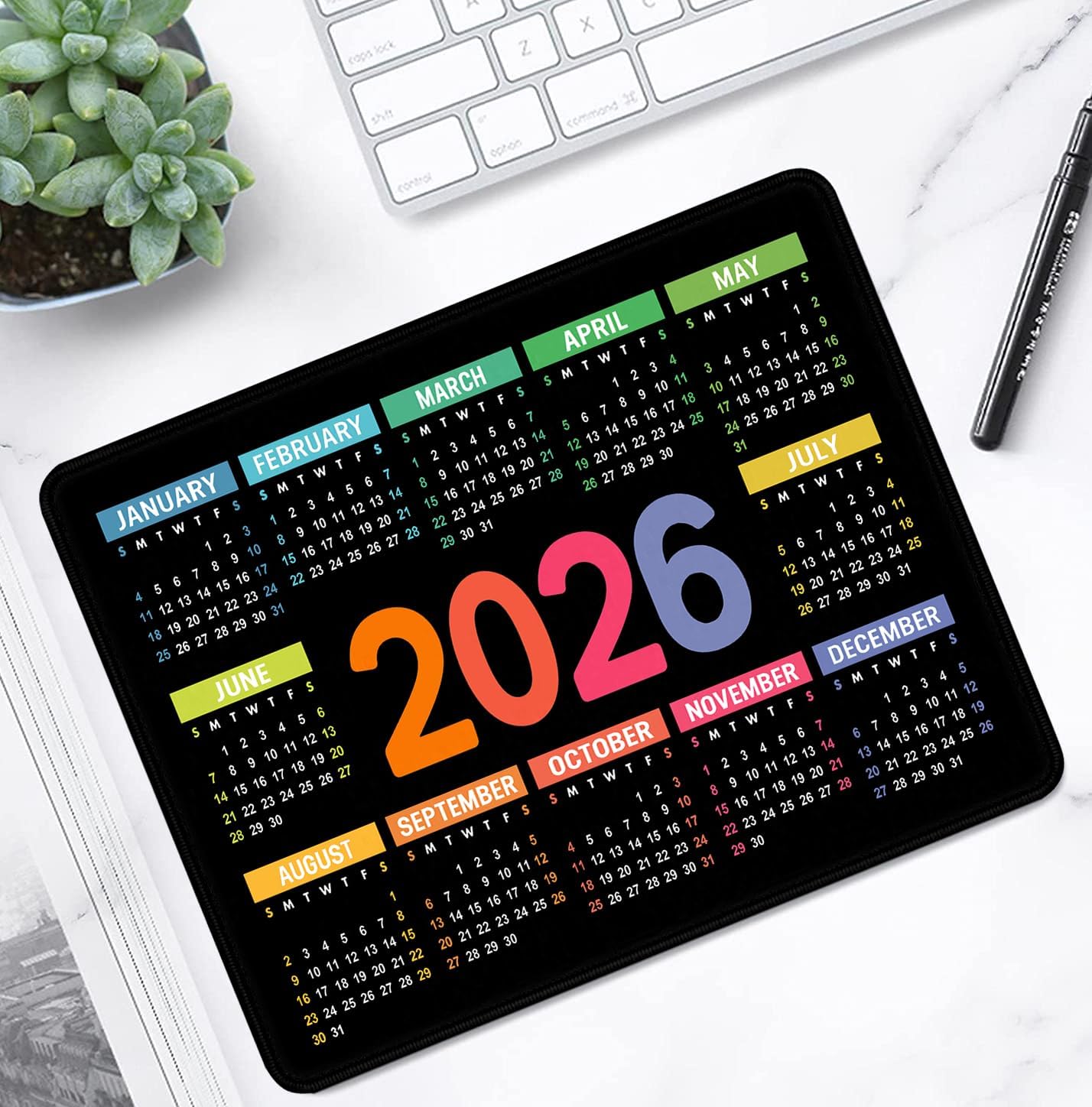 2026 Calendar Mouse pad, Gaming Stitched Edge Computer Accessory Mouse Pad, Rectangular Anti Slip Chloroprene Rubber Mouse Pad for Office and Home Use (Black Calendar Mouse Pad)