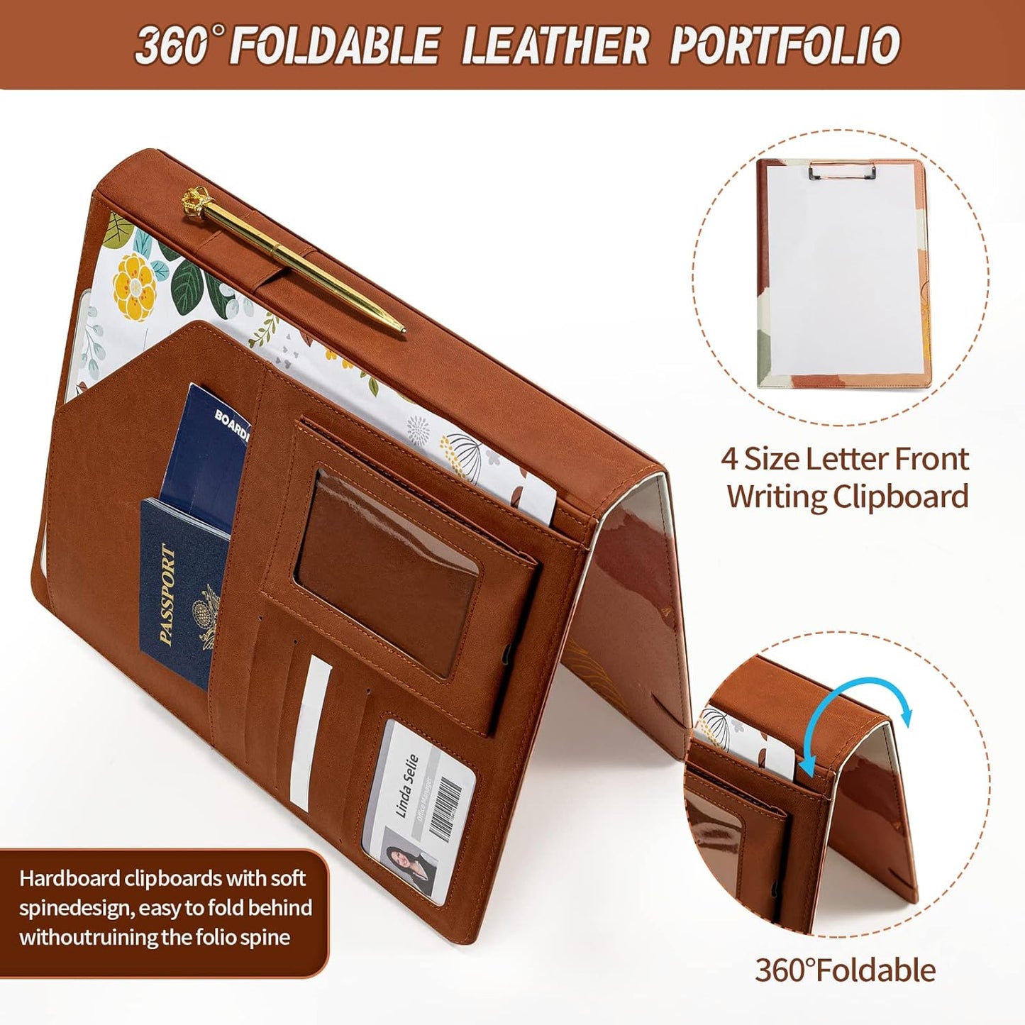 Clipboard Folio Folder Portfolio with Notepad-Pocket Business Card Holder Brown Faux PU Leather Portfolio