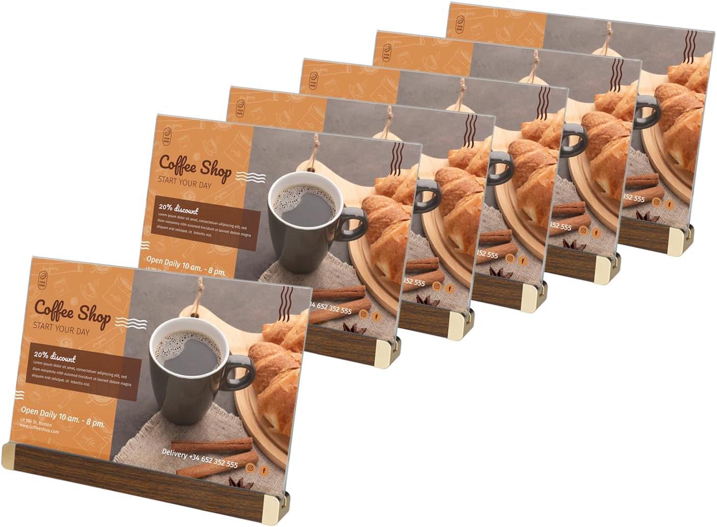 8.5 x 11 Acrylic Sign Holder, Classic Wooden Gold Stand, Double Sided Display Table Top Paper Holder, for Office, Cafe, Store, Menu, Certificate, Document (Horizontal, 6pack)
