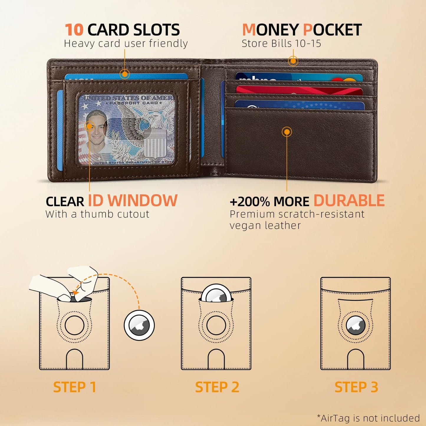 RUNBOX AirTag-Wallet-Mens-Slim-RFID Blocking Wallets Leather with Bill Compartment Air Tag Bifold Card Holder Wallet Gifts for Men Dad