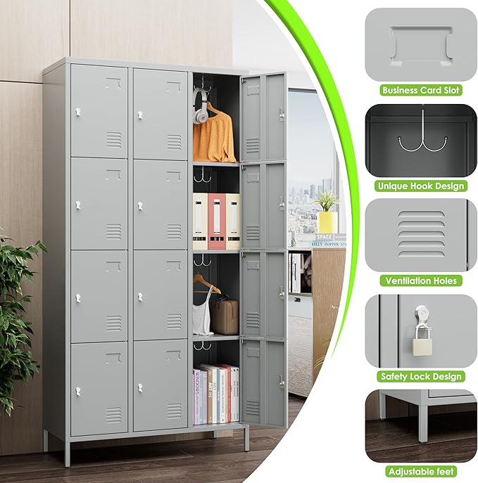 Metal Lockers for Employees with 12 Door & Hooks,Metal Storage Locker with Lock and Card Slot for School Office Garage Gym Bedroom Home,Assembly Required,12 Doors Light Grey