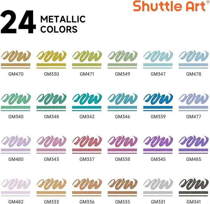 Automatic Ink Control Acrylic Paint Markers, Shuttle Art 24 Metallic Colors Brush Tip Acrylic Paint Pens for Rock Painting, Ceramic, Wood, Canvas, Glass, Stone, Fabric, Card Making, DIY & Art Supplies