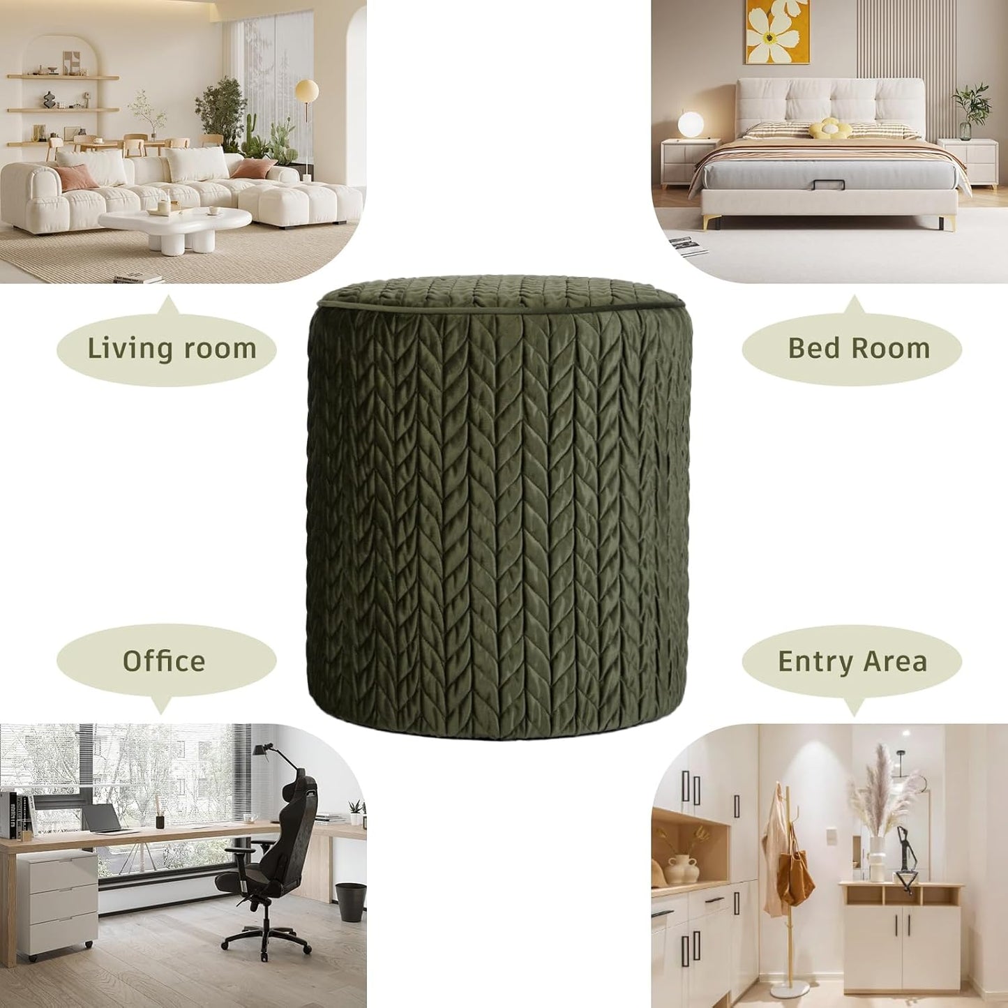 Modern Round Ottoman, Braided-Tufted Foot Stool Ottoman, Velvet Upholstered Vanity Stool for Makeup, Bedroom, Living Room, Dark Green