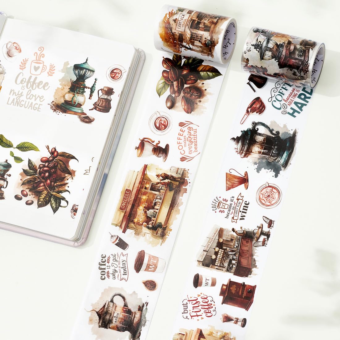 WT Caffeine Canvas Wide PET Tape, Single Roll, Original Designs, Watercolor Vintage Cafe Decorative Transparent Tape, Journal Scrapbook Bujo Planner DIY Craft Supplies, Coffee Theme