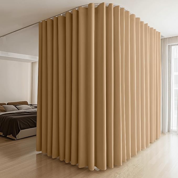 Room Divider Curtains & Flexible Bendable Tracks Set,Privacy Dividers Ceiling Track Curtain Window Blackout Curtains for Living Room Bedroom (W100 × H84 in 1 Panel Khaki Drape & White Rail)
