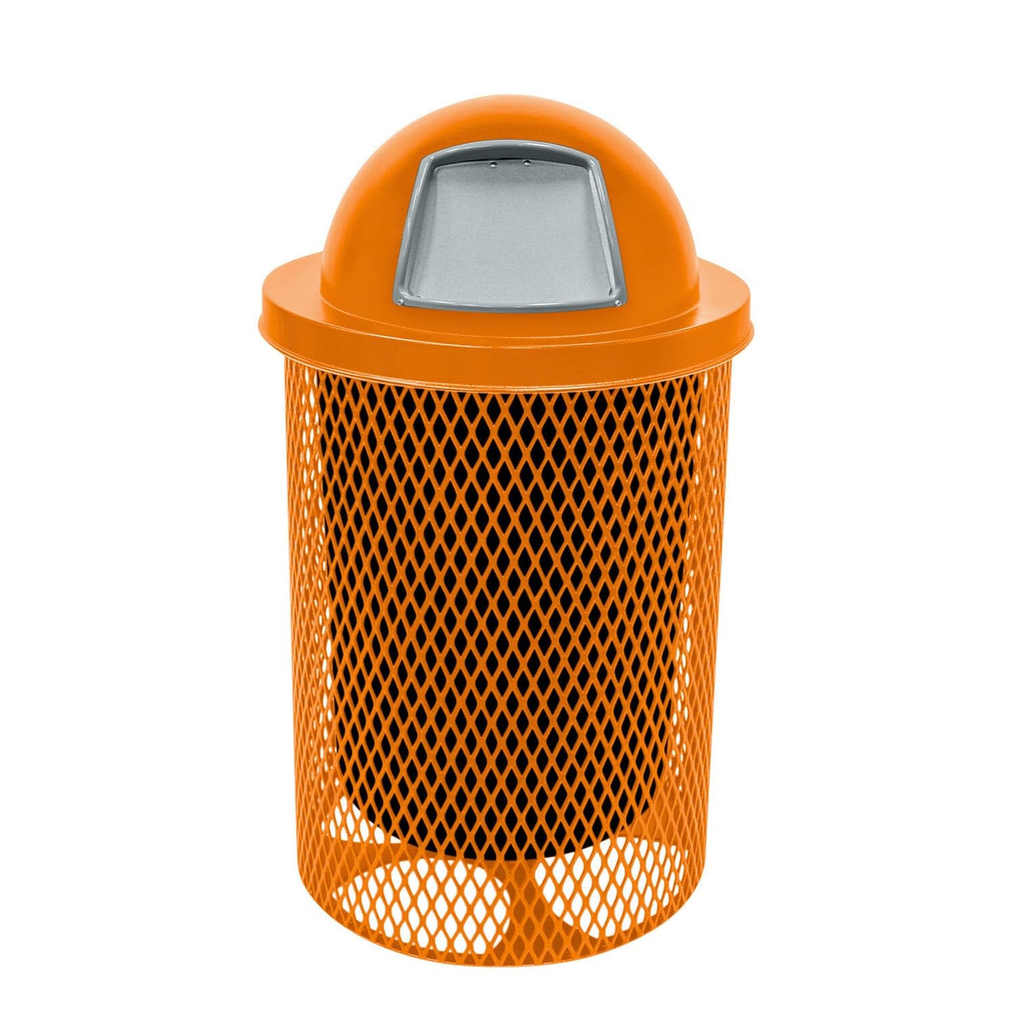 Coated Outdoor Furniture 32-Gallon Heavy-Duty Expanded Metal Round Trash Receptacle, Commercial Outdoor Waste Bin with Liner & Dome Lid – Made in America (Textured Orange)