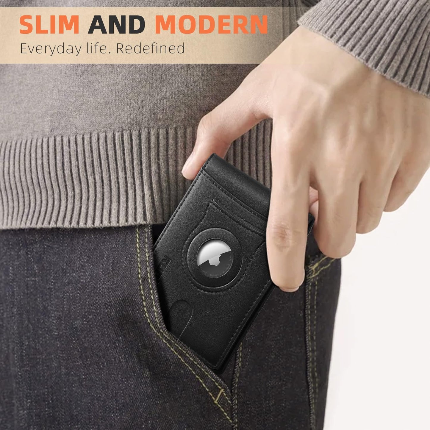 RUNBOX AirTag-Wallet-Mens-Slim-RFID Blocking Wallets Leather with Bill Compartment Air Tag Bifold Card Holder Wallet Gifts for Men Dad