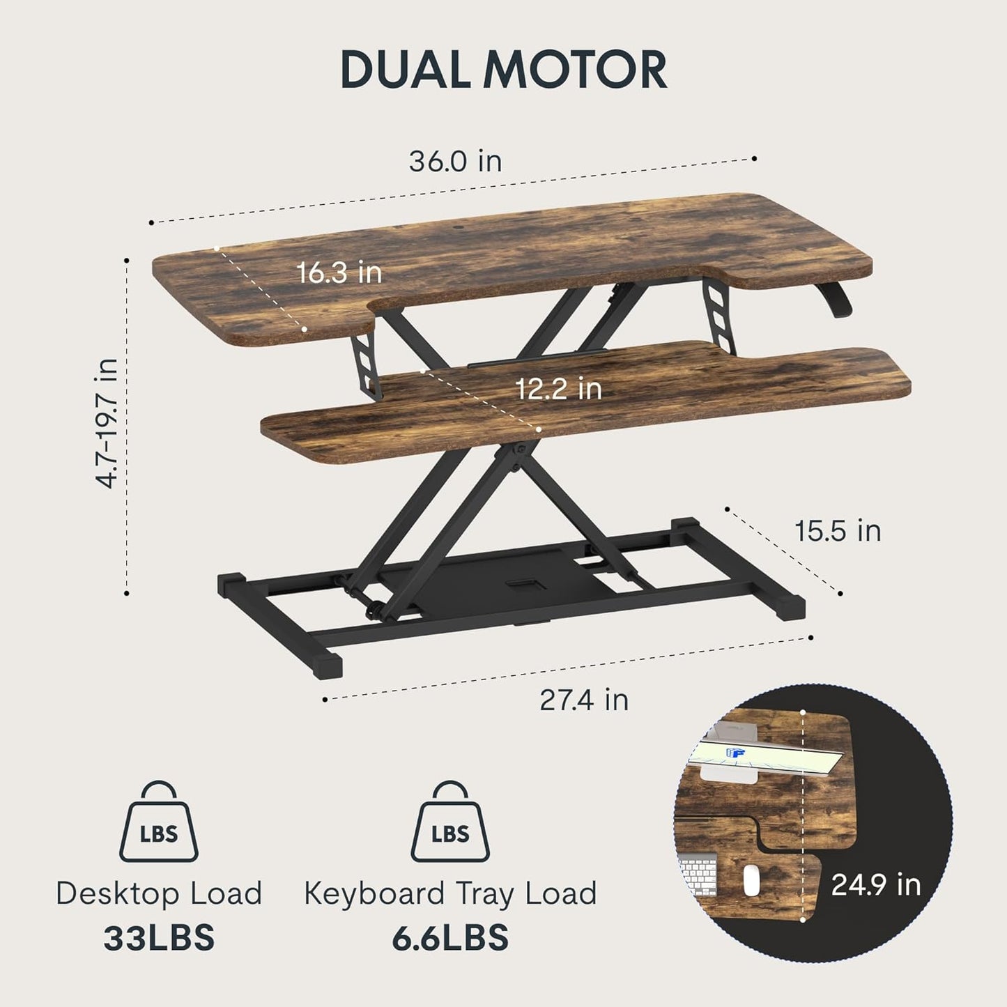 FLXISPOT 36" Standing Desk Converter, Quick Sit Stand up Desktop Riser Height Adjustable Monitor and Laptop Workstation with Keyboard Tray, Rustic Color