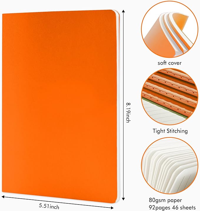 feela 8 Pack Soft Cover Journal Bulk, Notebooks College Ruled for Work, Lined Travel Journal for Women Men, Note Taking Notebook School Supplies Business Writing, 8.2” x 5.5”, A5, Orange