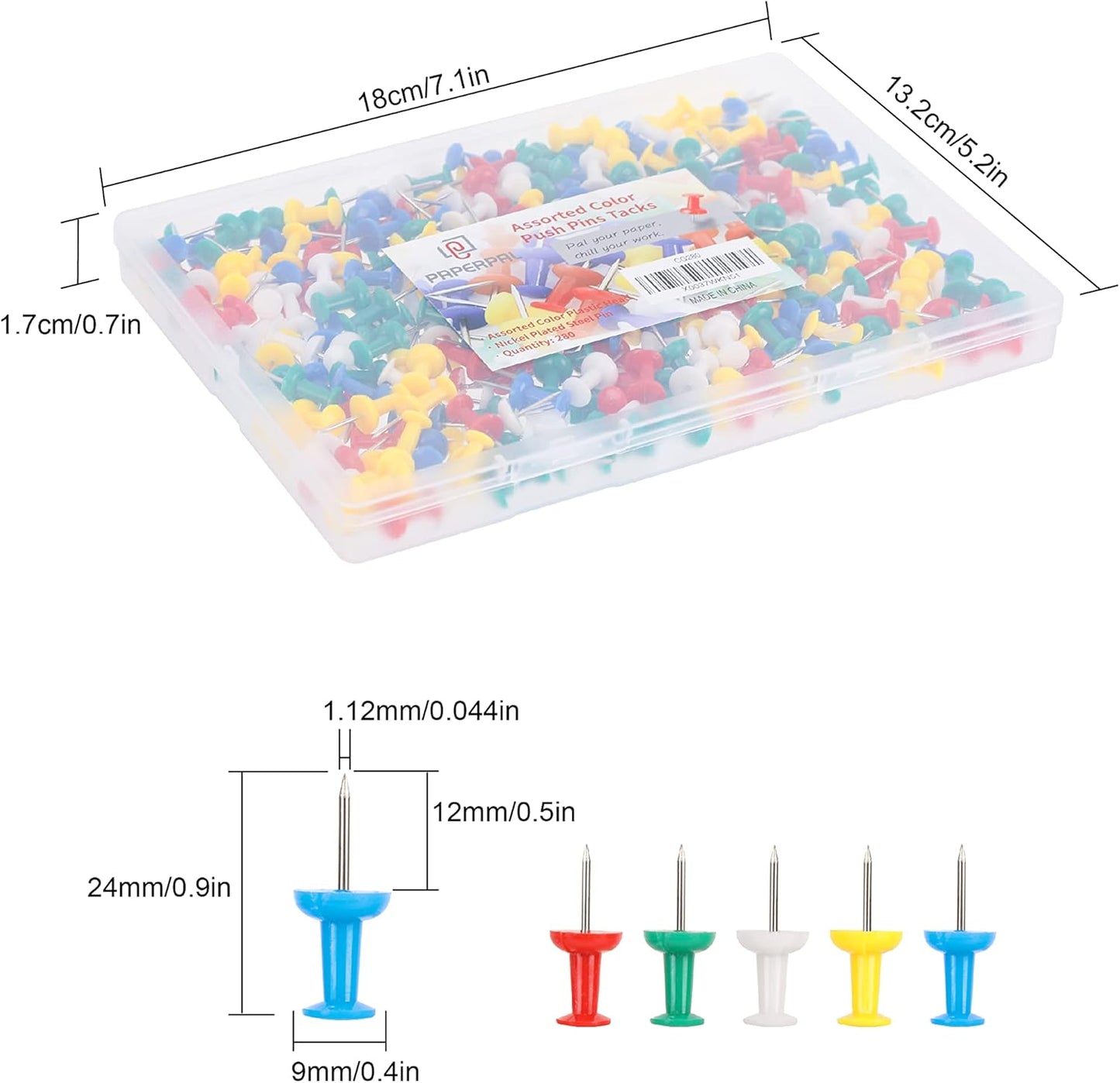 PAPERPAL 280 Assorted Color Push Pins for Cork Board, Colorful Thumb Tacks for Wall Hangings, Pushpins for Office School & Personal Use, Standard Size Push Pin Tacks