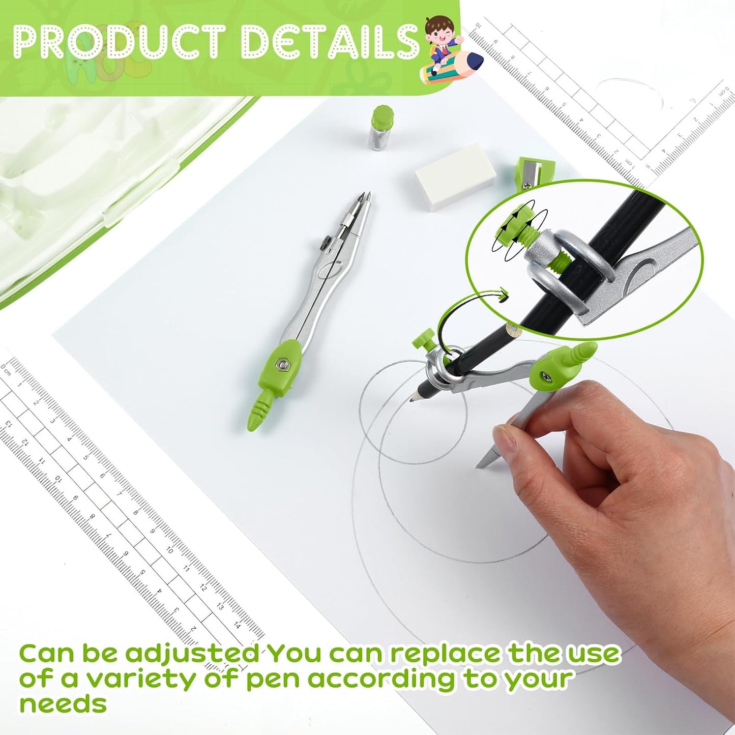 Teling 12 Sets Math Geometry Kit for Students 10 Pcs Compass Geometry Tools Set Includes Rulers Protractor Compass Eraser Pencil Sharpener Lead Refills Pencil (Green)