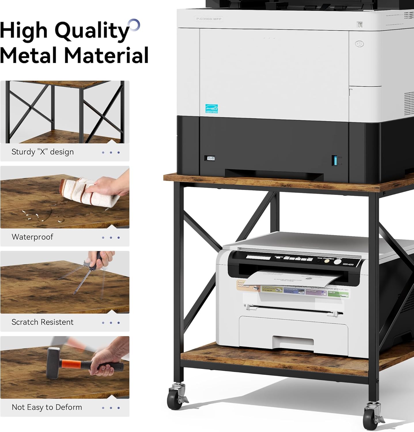 Warmiehomy 24"x24"x24" Large Printer Stand with Storage, 2 Tier Rolling Printer Cart Table, Mini Fridge Stand with Wheels, Use for 3D Laser Printer Home Office, Rustic Brown