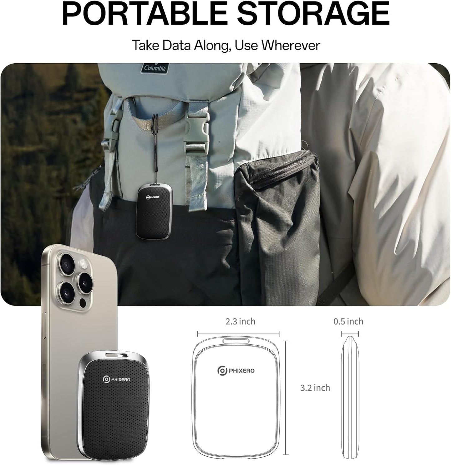 PHIXERO P5PLUS Portable SSD 2TB Up to 550MB/s, USB 3.2 Gen 2 External Solid State Drive，USB C to C&A for Smartphone，Tablet，PC，Labtop (Black)