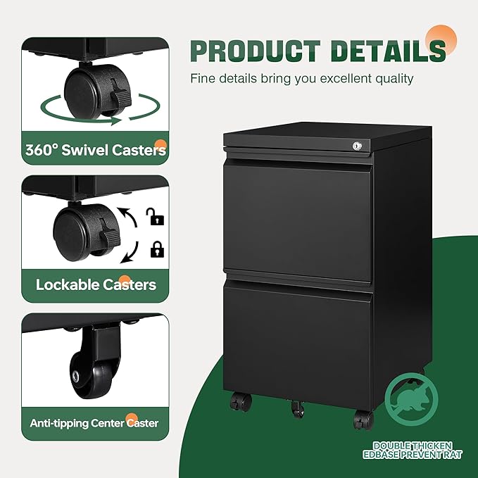 Letaya Mobile File Cabinet with Lock,2 Drawer Under Desk Metal Rolling Filing Cabinets for Home Office Organizer Letters/Legal/A4(Fully Assembled-Black)