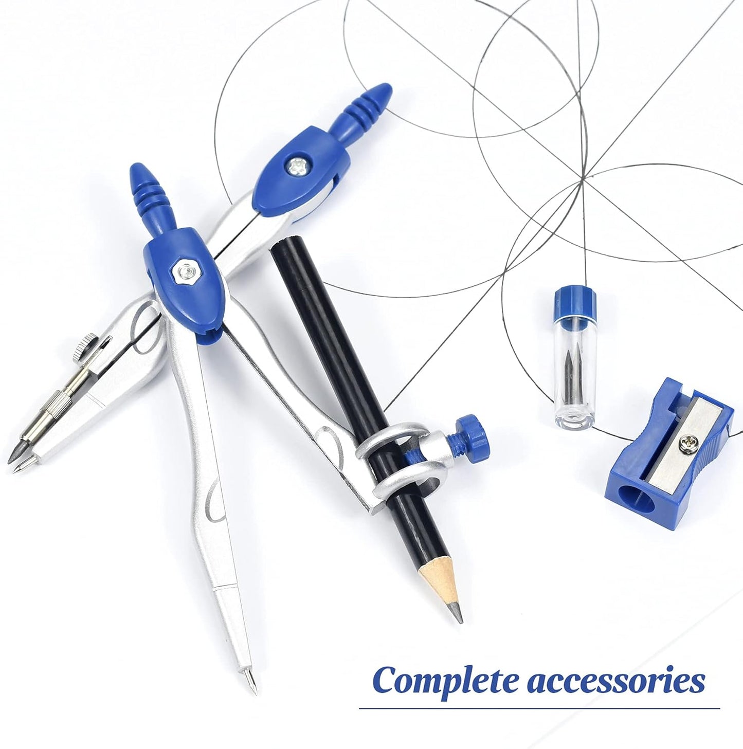 Math Geometry Kit Sets 10 Piece Student Supplies with Shatterproof Storage Box,Includes Rulers,Protractor,Compass,Eraser,Pencil Sharpener,Lead Refills,Pencil,for Drafting（Navy Blue）