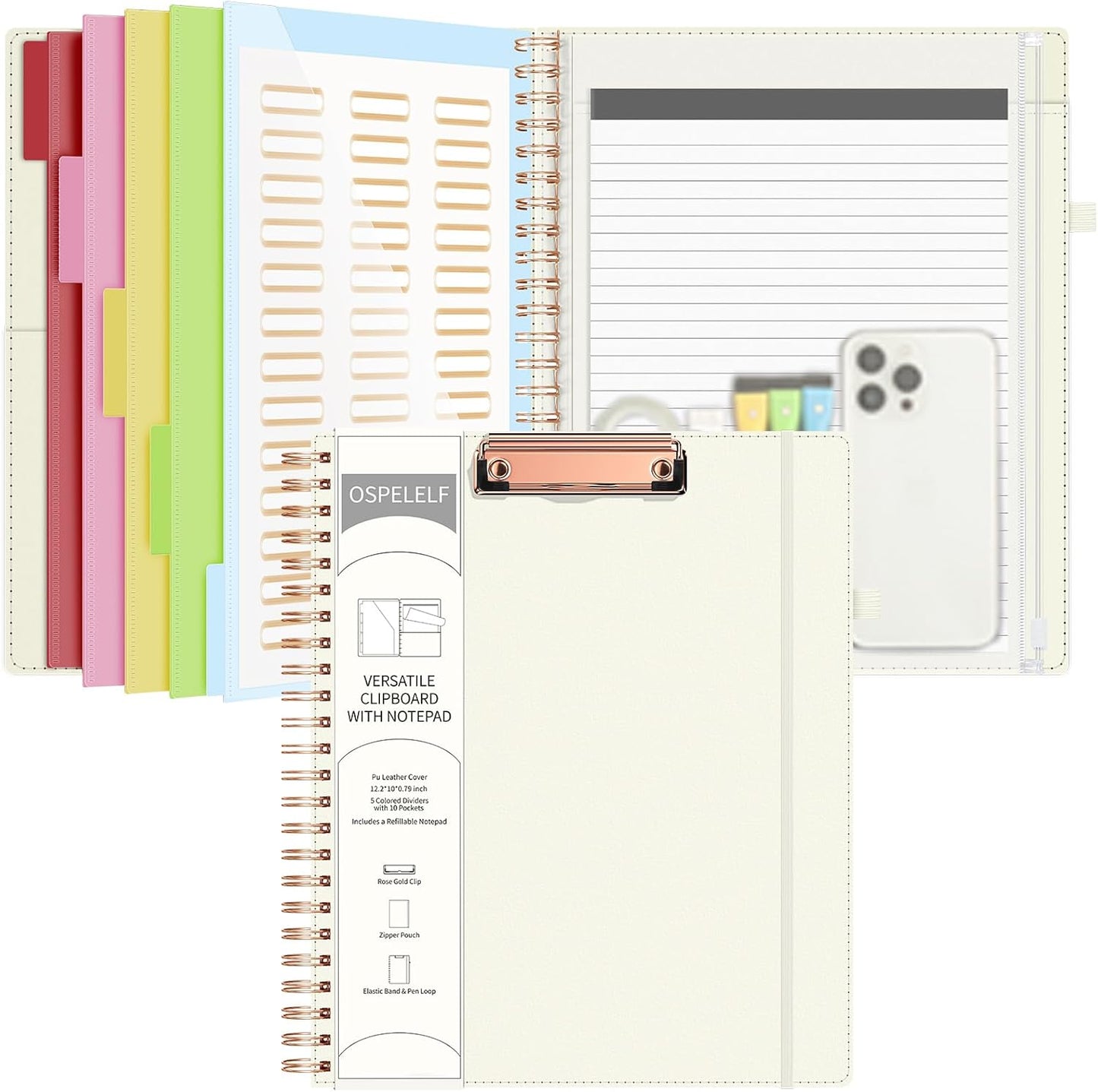 Ospelelf Leather Clipboard Folio with with Storage Zipper Pouch, Spiral Clipboard Folder with Notepad for Letter Size, 5 Folders with 10 Pockets, 39 Divider Label Stickers (Beige)