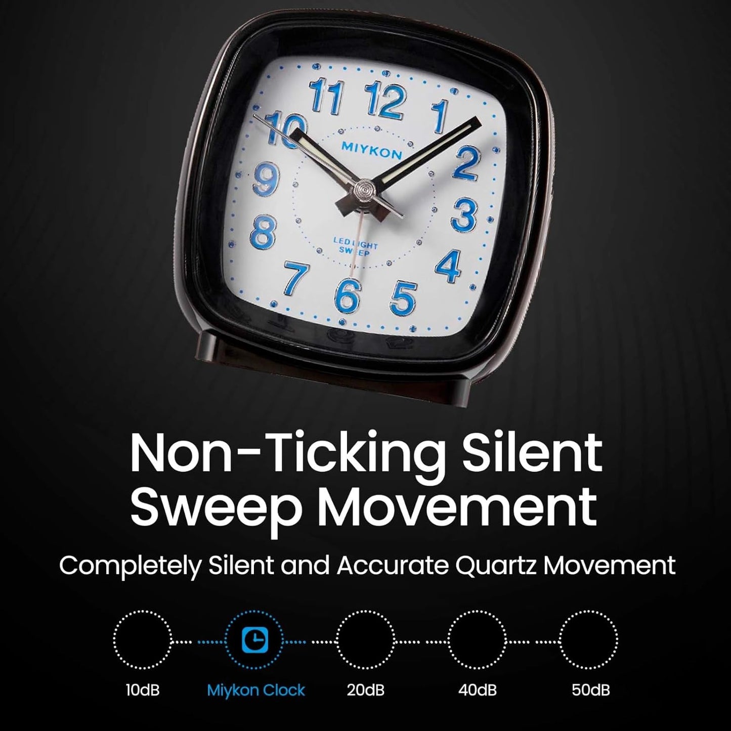 Miykon Small Square Analog Alarm Clock – Silent Non-Ticking, Battery Operated with LED Light & Snooze – Desk, Table, Travel or Bedside Clock for Bedroom, Office, Bathroom – Black 2.5 Inch