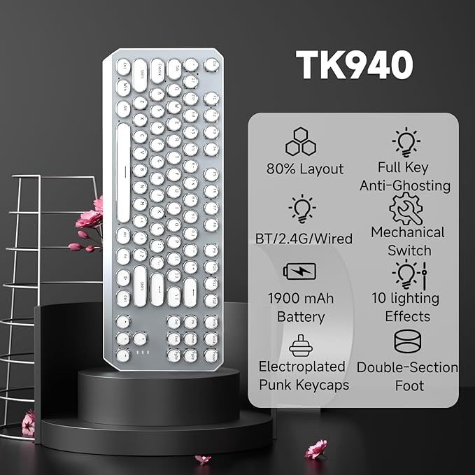 EWEADN Wireless Mechanical Typewriter Keyboard,80% Layout with White Backlit, Anti-Ghosting, Blue Switch Bluetooth/2.4GHz/USB-C Aesthetic Keyboard-White