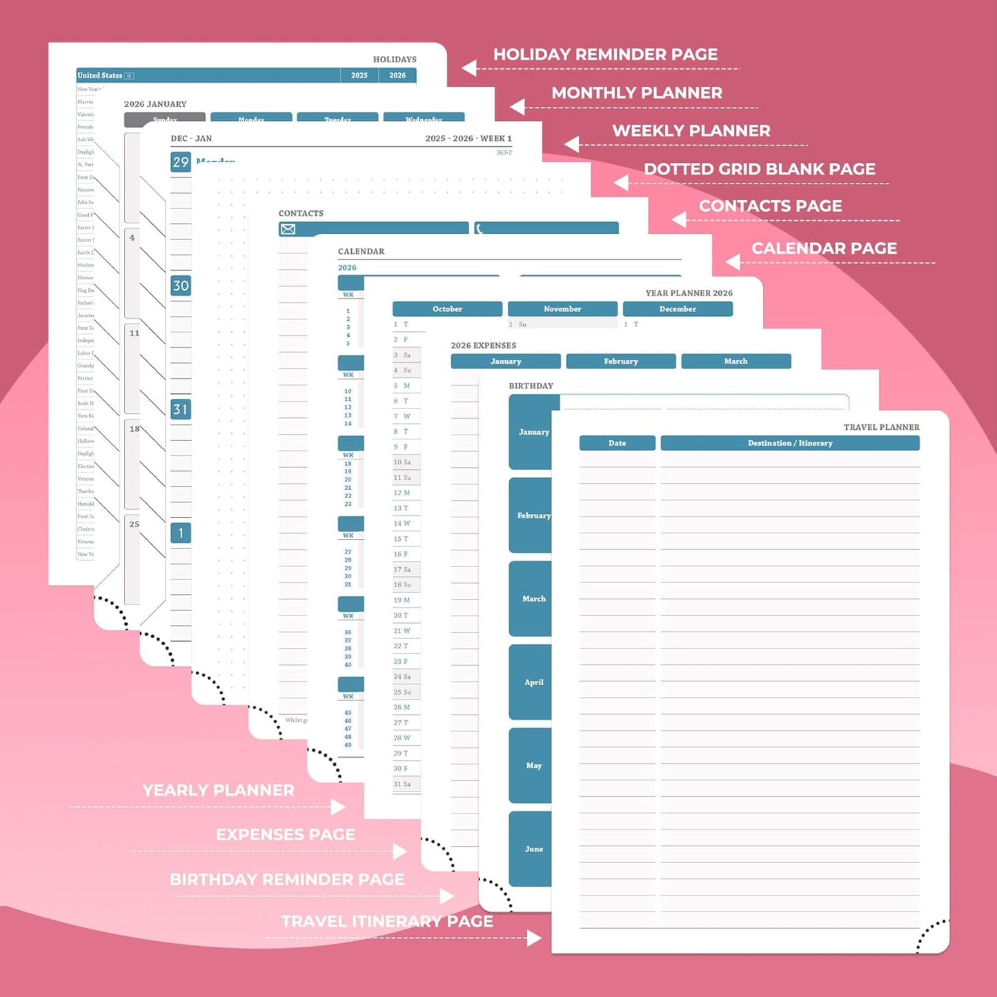 IN-LUXPRO Weekly Monthly 2026 Planner (Jan.26-Dec.26),8.5"x6.5",12 Months Agenda Plan with Month Tabs & Pocket,Expenses/Note Pages, Appointment Book Calendar with Vegan Leather Cover,Rose Red