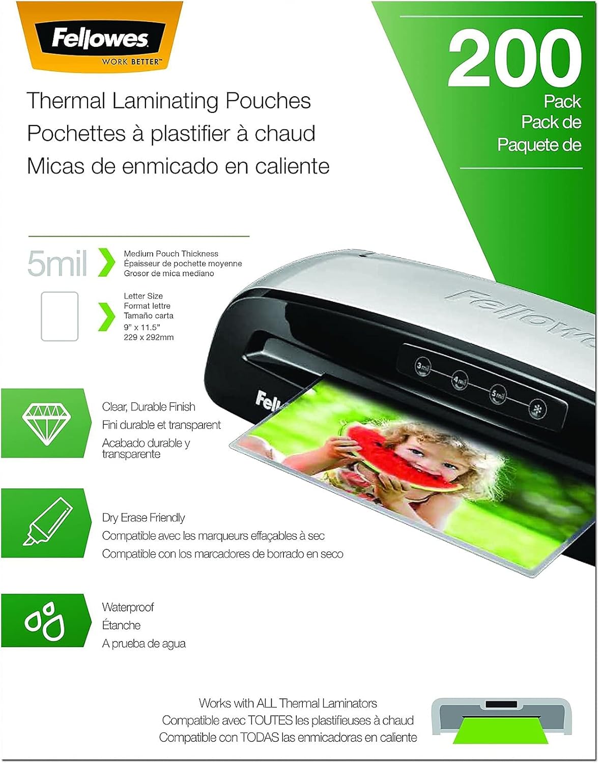Fellowes Thermal Laminating Pouches, Letter Size Sheets, 5mil 200pk, Clear (5743601)
