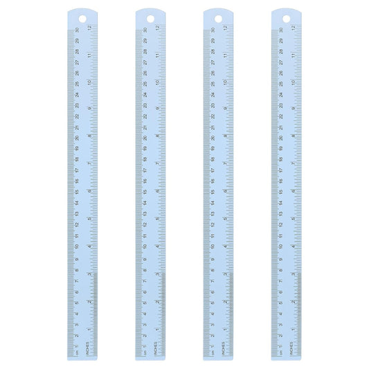 HARFINGTON 4pcs Metal Straight Ruler 30cm Metric SAE Aluminum Alloy Measuring Rulers Scale Tool with Hole for Measure Study Reading Classroom Office, Light Blue