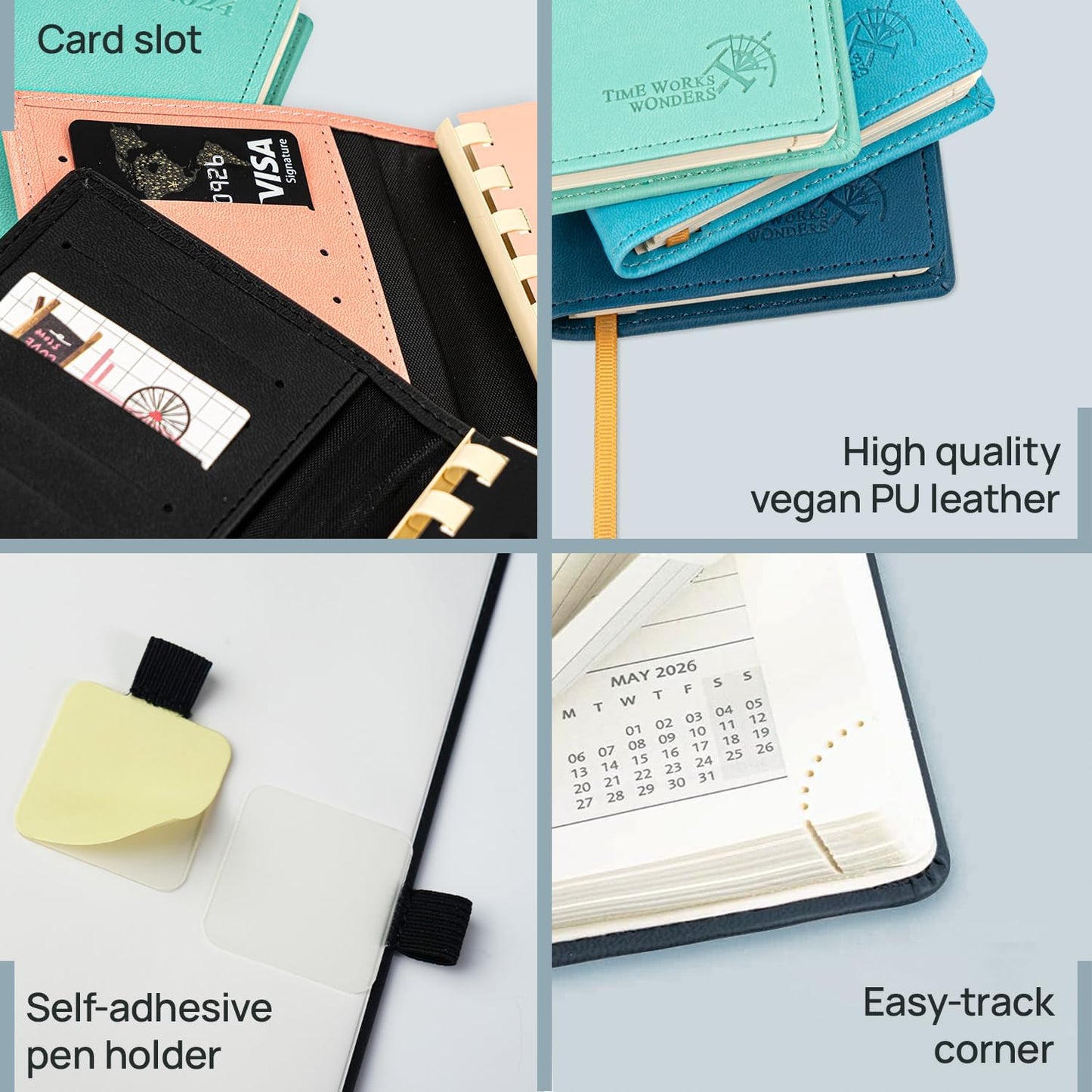 POPRUN 2026 Pocket Planner (Slim Size 3.5" x 6.5") Weekly and Monthly Calendar for Purse, with Hourly Time Slots, 100GSM Thick Paper, Spiral Soft Cover, Pen Holder - Green