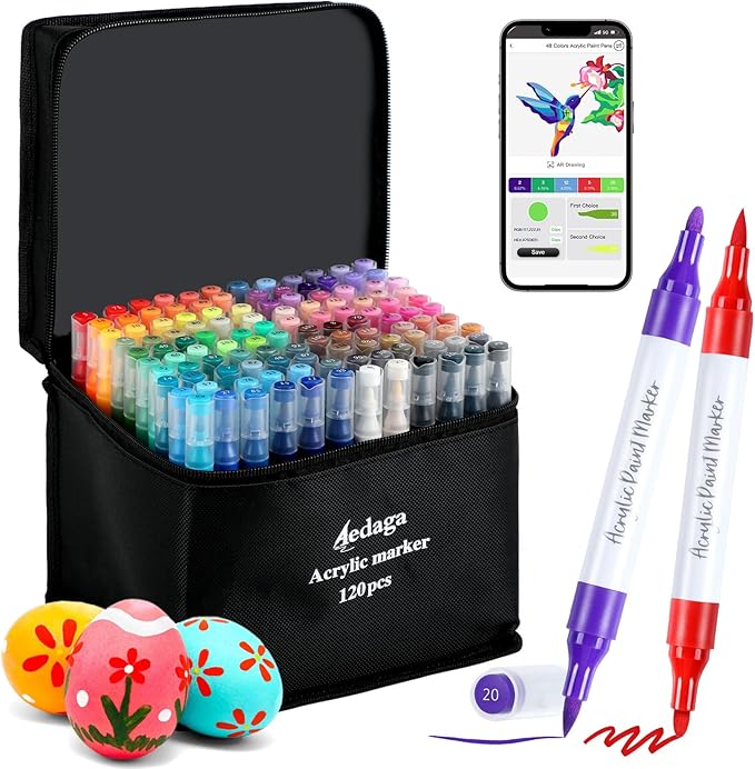 YHC 120 Colors Acrylic Paint Pens with Free App, Dual Tip Acrylic Paint Markers with Brush Tip and Fine Tip for Adults, Kids, Eggs, Wood, Rock, Canvas, Plastic, Stone, Glass, Ceramic