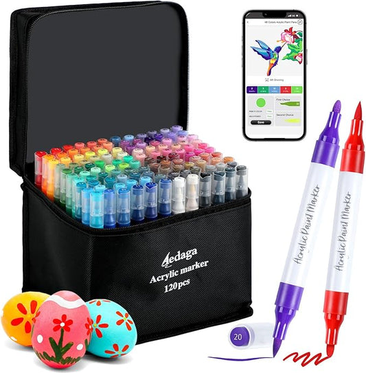YHC 120 Colors Acrylic Paint Pens with Free App, Dual Tip Acrylic Paint Markers with Brush Tip and Fine Tip for Adults, Kids, Eggs, Wood, Rock, Canvas, Plastic, Stone, Glass, Ceramic