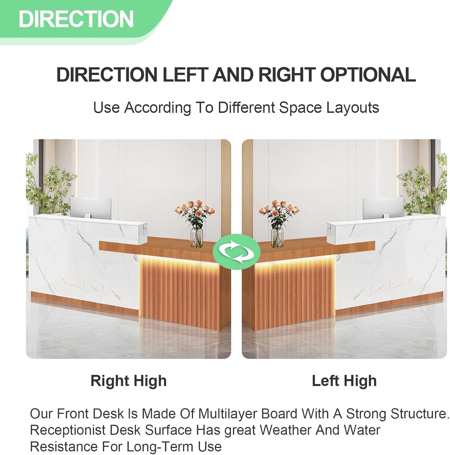 Modern Reception Desk with Counter and Drawer Office Front Desk with Cabinet Wooden Commercial Reception Table Checkout Counter for Retail Salon Lobby White and Brown Right 71inch/180cm