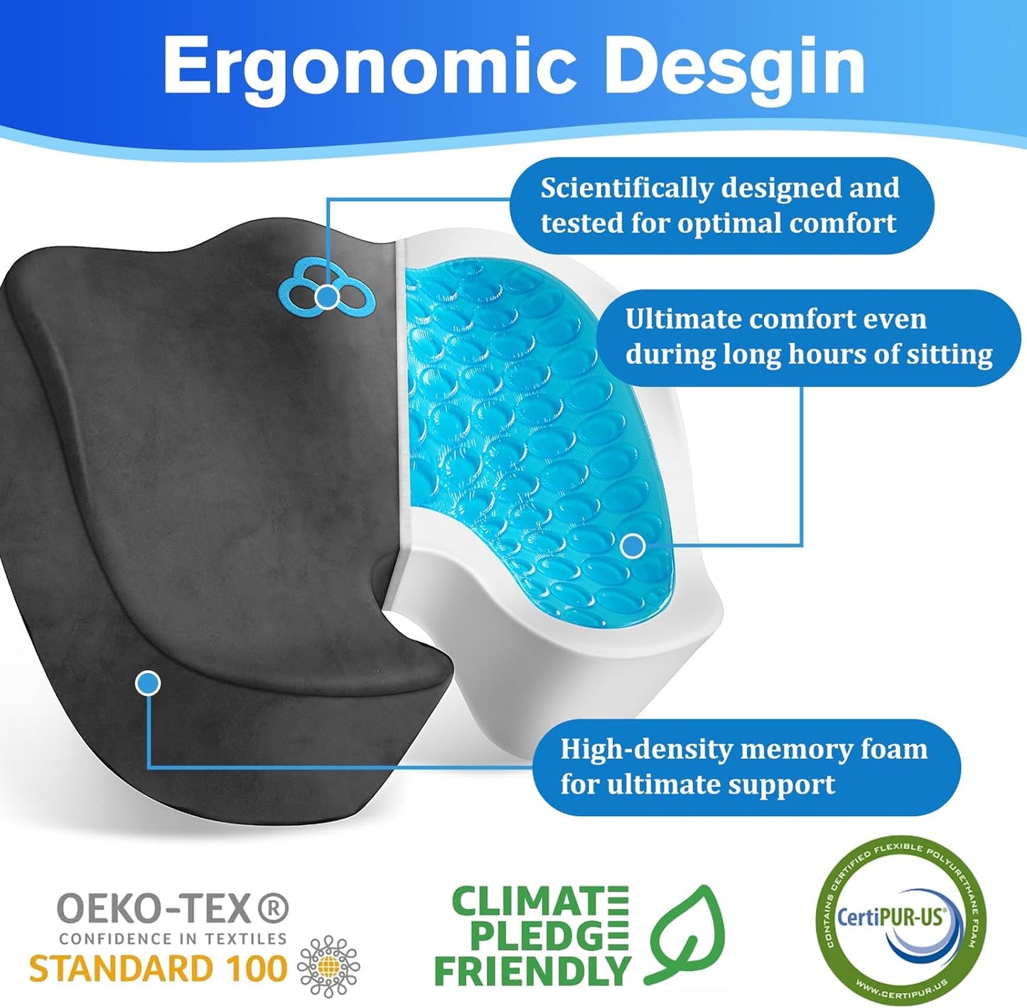 Seat Cushion, Gel Chair Cushions, Office Chair Cushions, Anti-Slip Bottom & Removable Cover Tailbone Pain Relief Cushion, Memory Foam Seat Cushion for Office, Wheelchair, Car (Grey)