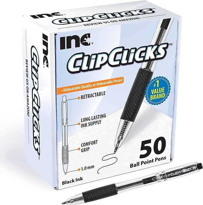 Inc. ClipClicks Retractable Ballpoint Pens - Bulk 1.0-mm Medium-Point Pen Set With Comfort Grip for School, Office, Writing, and Journaling, 50 Count, Black