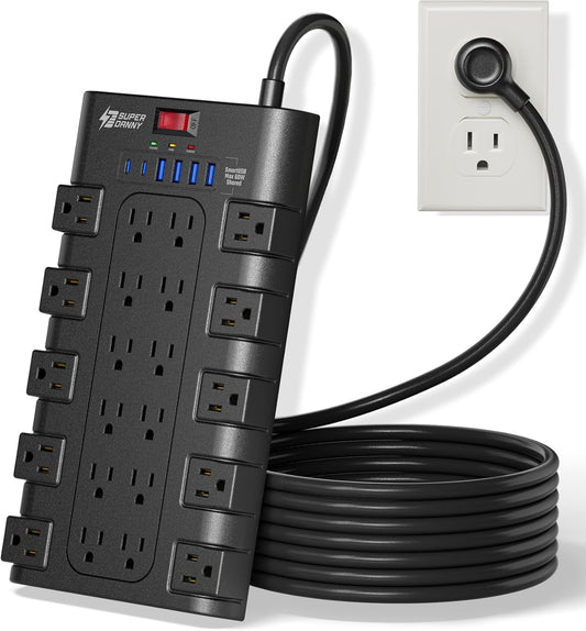 10Ft Power Strip Surge Protector, SUPERDANNY Charging Station 22 Outlets with 45W Type-C Fast Charging USB Ports, 4 USB-A, 2 USB-C, 2100J, 15A/1875W, Flat Plug Extension Cord for Home Office Black
