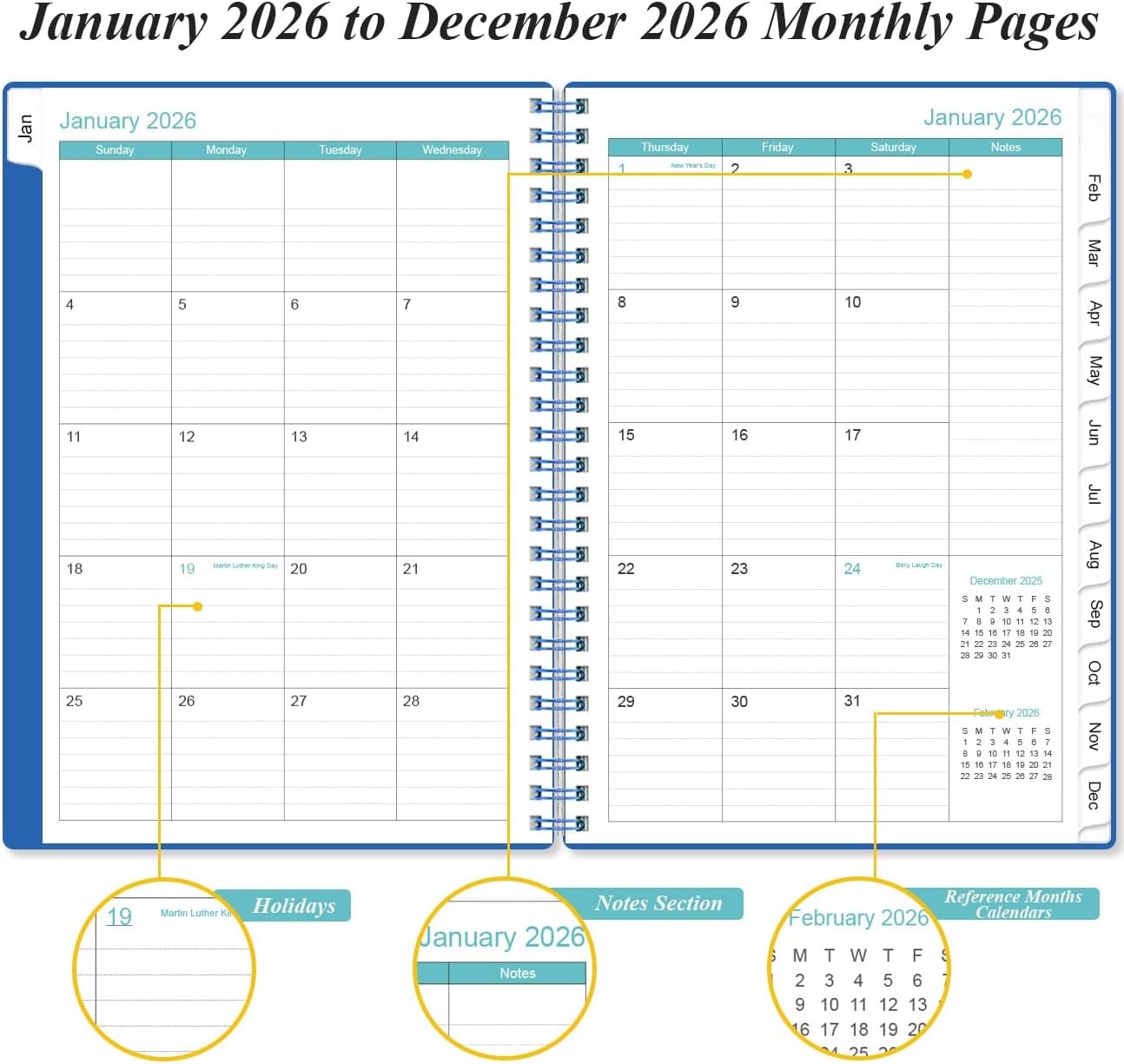 2026 Planner - Planner 2026 from January 2026 - December 2026, Weekly & Monthly Planner Spiral Bound with 12 Monthly Tabs, Inner Pocket, 6.4" x 8.5", Blue