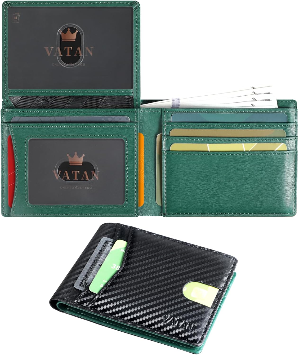 VATAN Wallet for Men, Mens Minimalist Wallet Credit Card Holder, Slim Leather Rfid 2 ID Window Large Capacity With Gift Box (Carbon black and Green)
