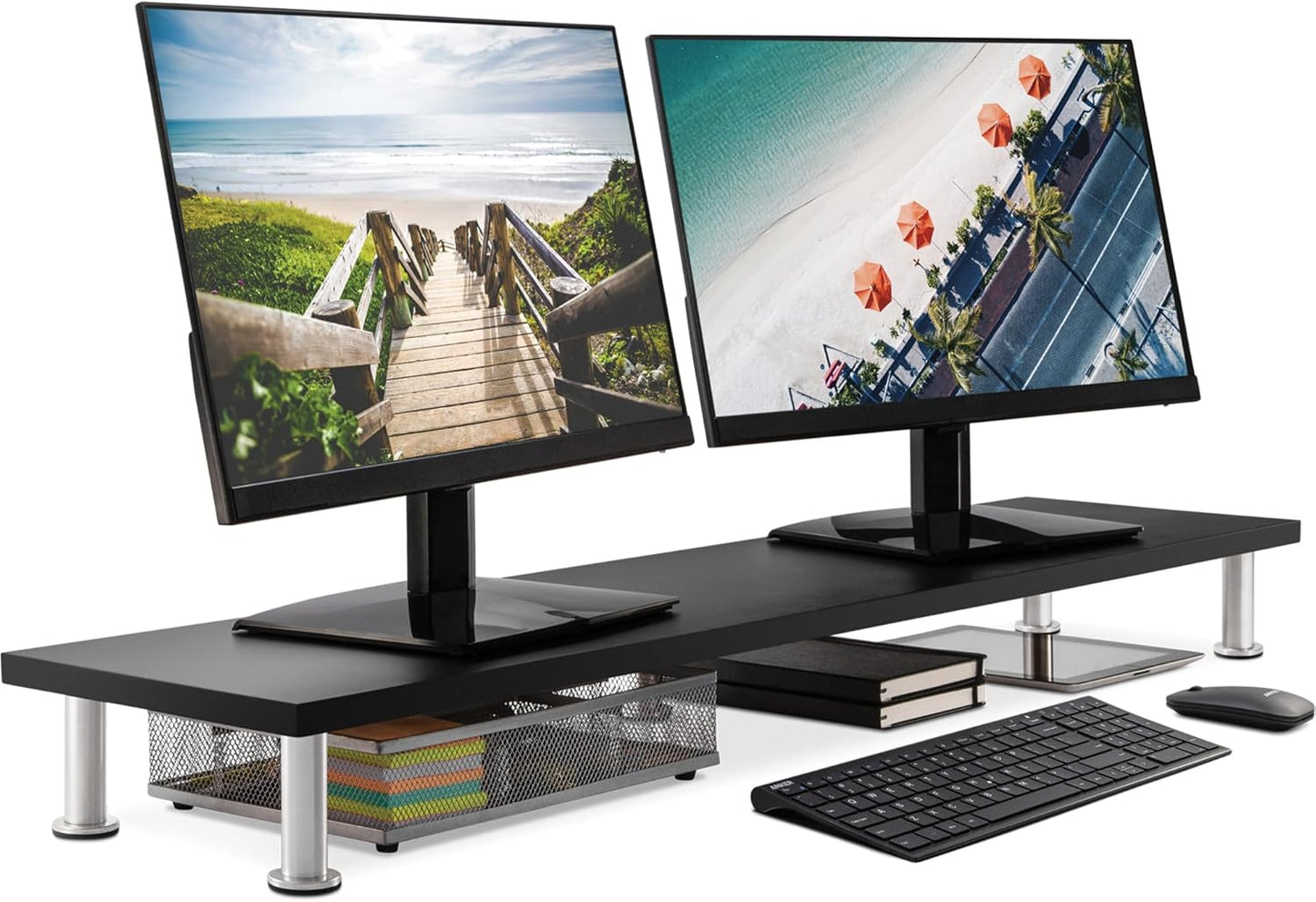 The Original Bamboo Dual Monitor Stand (As Seen On PBS) - 42 Inch Large Monitor Riser for Computer Screens, Laptop or TV - Desk Shelf Adds Storage Space and Improves Ergonomics - Black