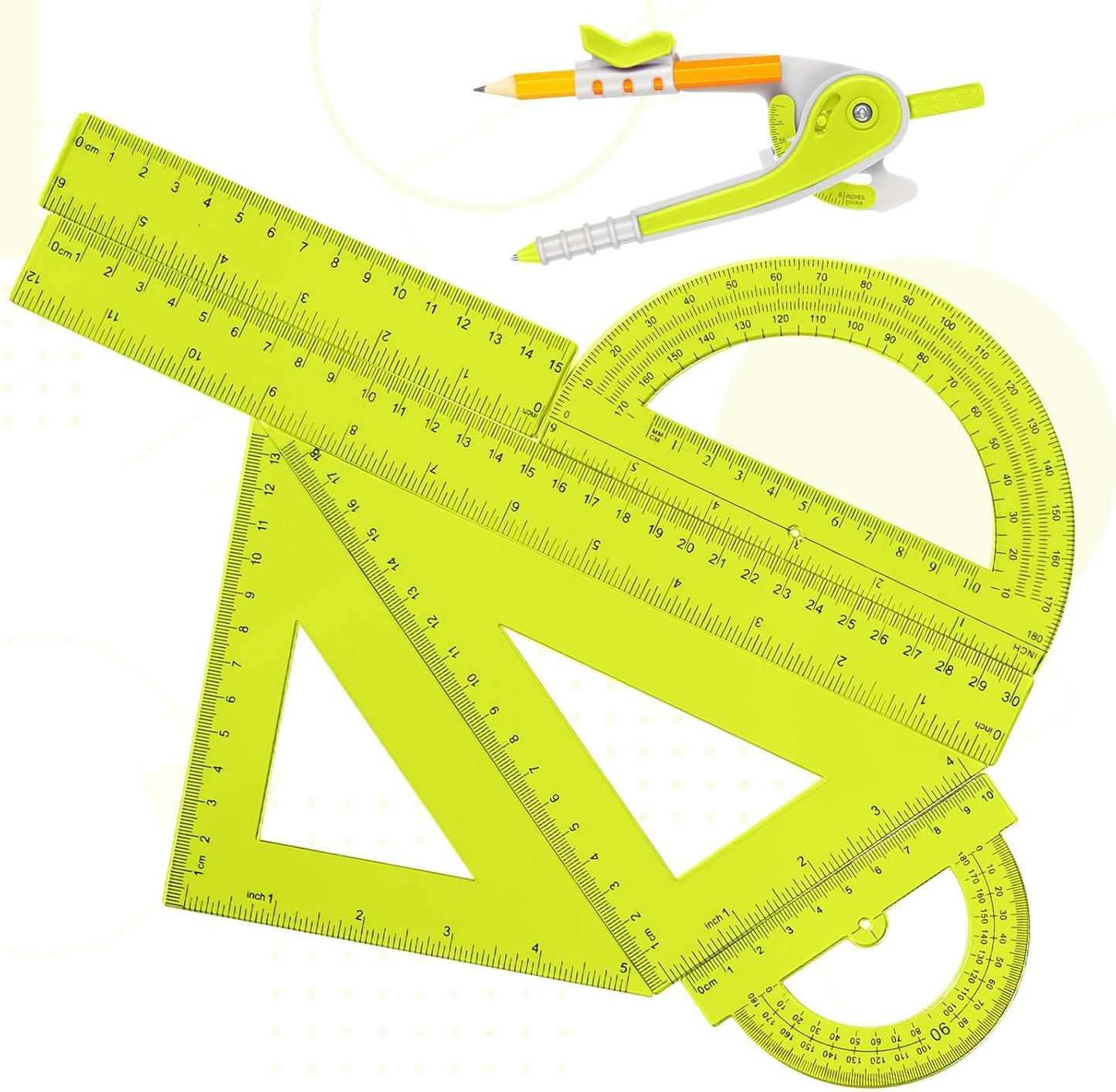 Zonon 1 Set Plastic Geometry Math Set 7 Pcs Includes 6'' / 4 '' Protractor, Drawing Compass, 45/60 Degree Triangle Rulers, 12'' / 6'' Math Ruler Transparent for Office Supplies(Yellow)