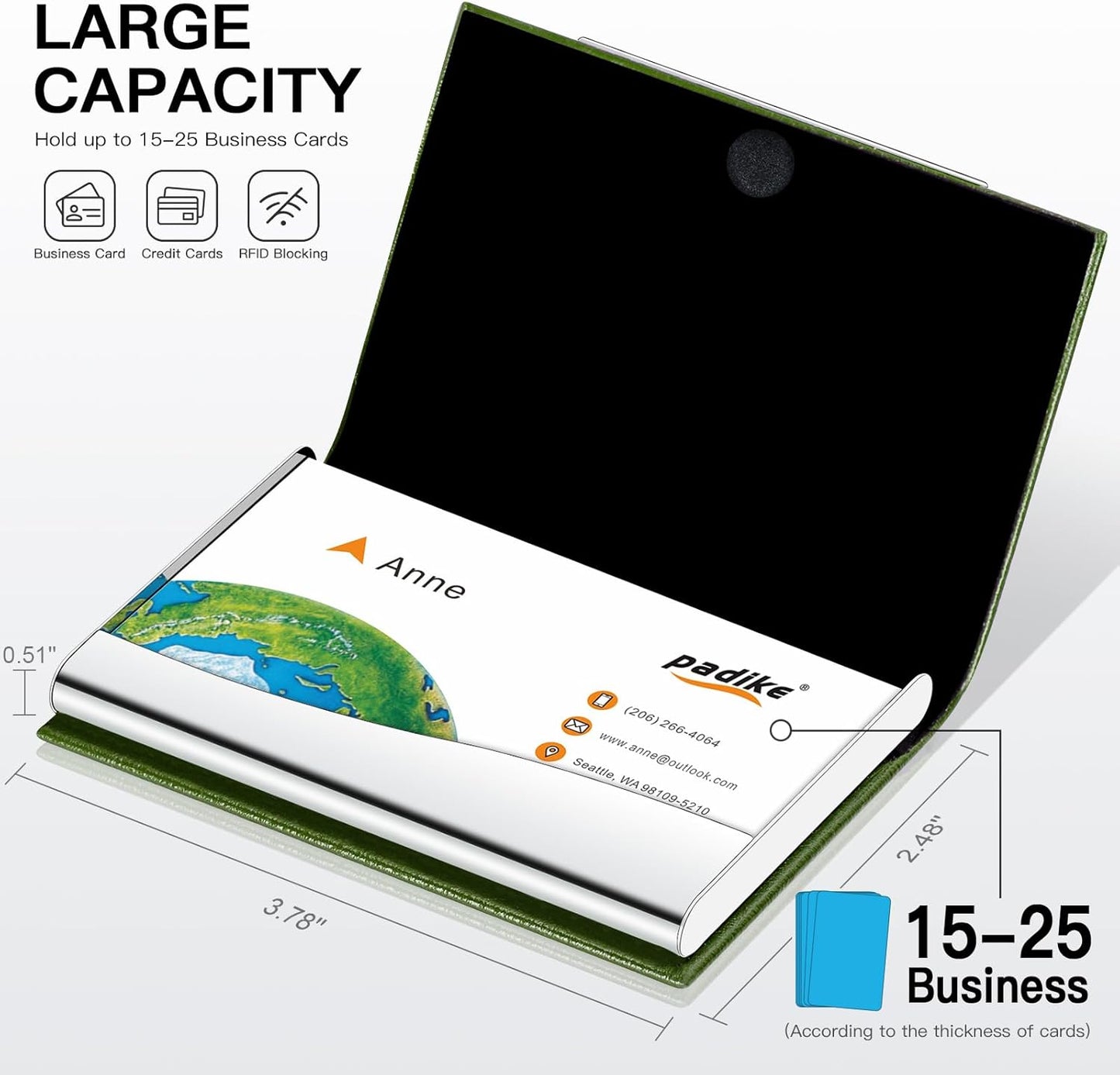 Padike Business Card Holder, Business Card Case Professional PU Leather & Stainless Steel Multi Card Case,Business Card Holder Wallet Credit Card ID Case/Holder for Men & Women. (V-Green)