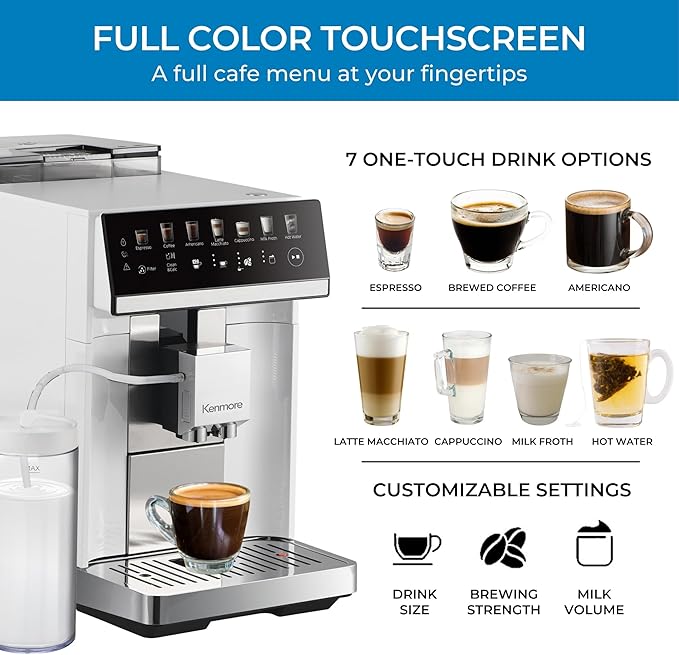 Koolatron Kenmore Espresso Machine – All-In-One Fully Automatic Coffee Maker With Auto Tamper, Descaler, Milk Steamer & Frother, Bean Grinder, Professional Barista Style Cappuccino, Cafe Latte, White