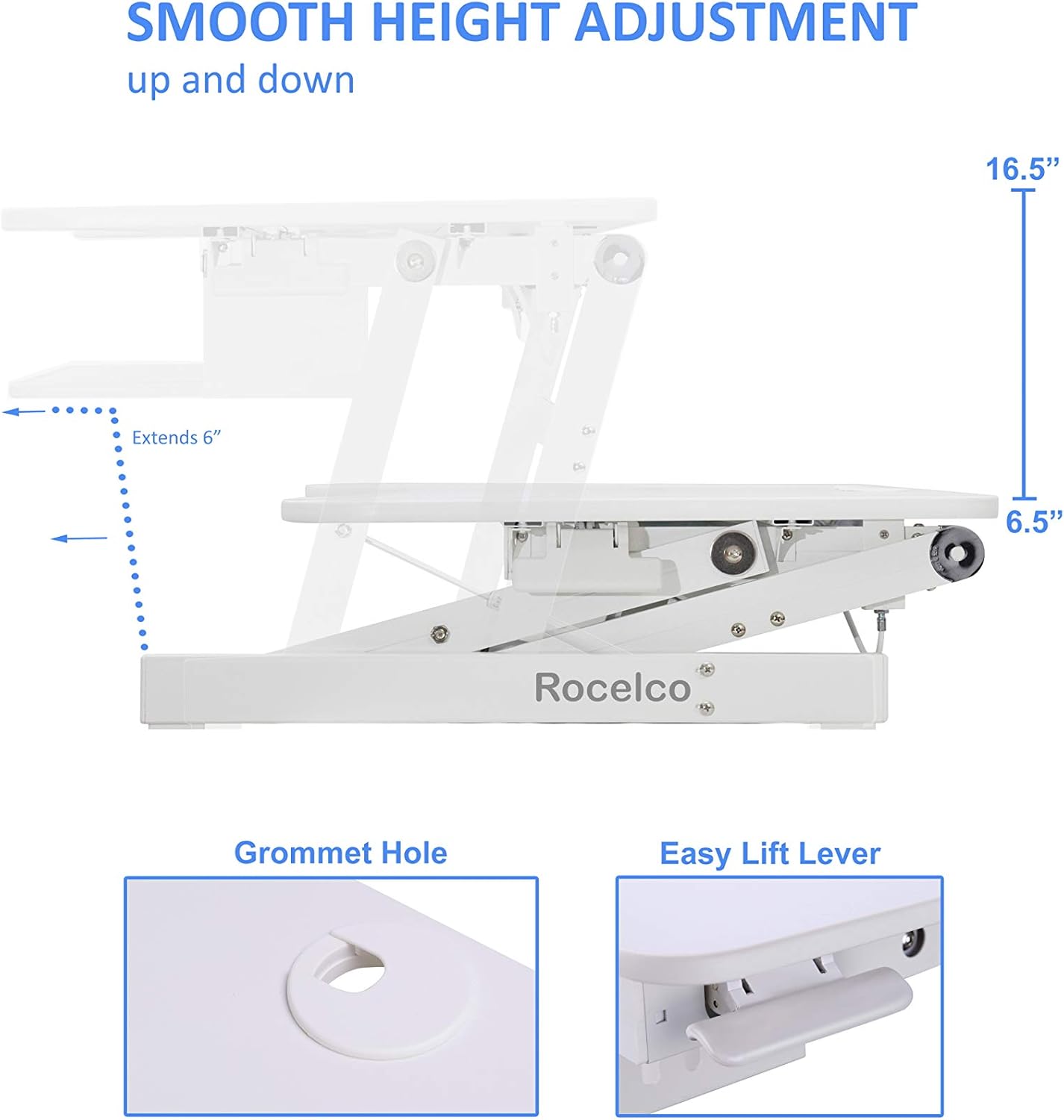 Rocelco 37.5" Deluxe Height Adjustable Standing Desk Converter - Quick Sit Stand Up Dual Monitor Riser - Gas Spring Assist Computer Workstation - Large Retractable Keyboard Tray - White (R DADRW)