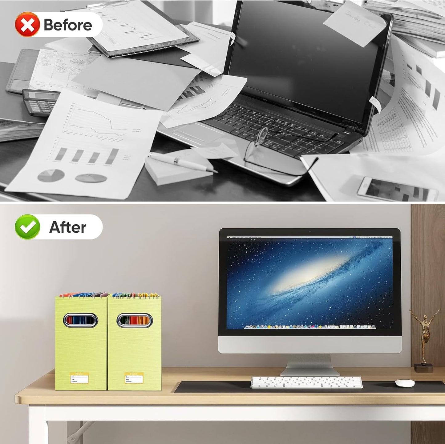 BALEINE File Organizer Box, Cardboard File Folder Organizer with Handle for Letter Size, Portable Collapsible Hanging Filing Box for Home Office Document Storage (4 Pack, Yellow)