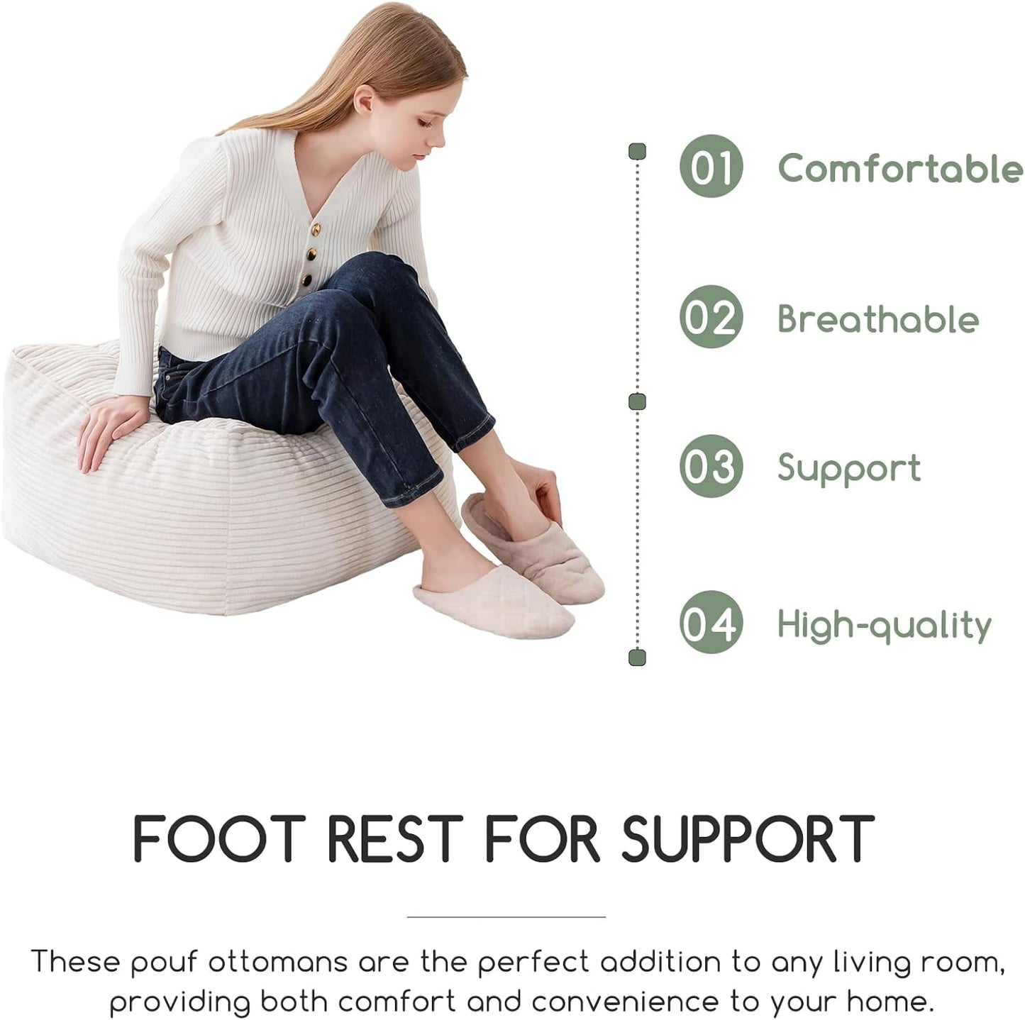 HIGOGOGO Square Stuffed Pouf Ottoman, Corduroy Poufs with Foam Chunk Filling, Furry and Fluffy Pouf Foot Stool Storage Ottoman, 21 X 21 Floor Poufs Foot Rest for Living Room, Beige