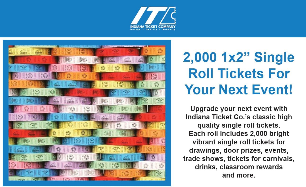 INDIANA TICKET CO. 2000 Raffle Tickets, Liquor, Blue, Single Roll, Ticket for Events, Entry, Class Reward, Fundraiser & Prizes